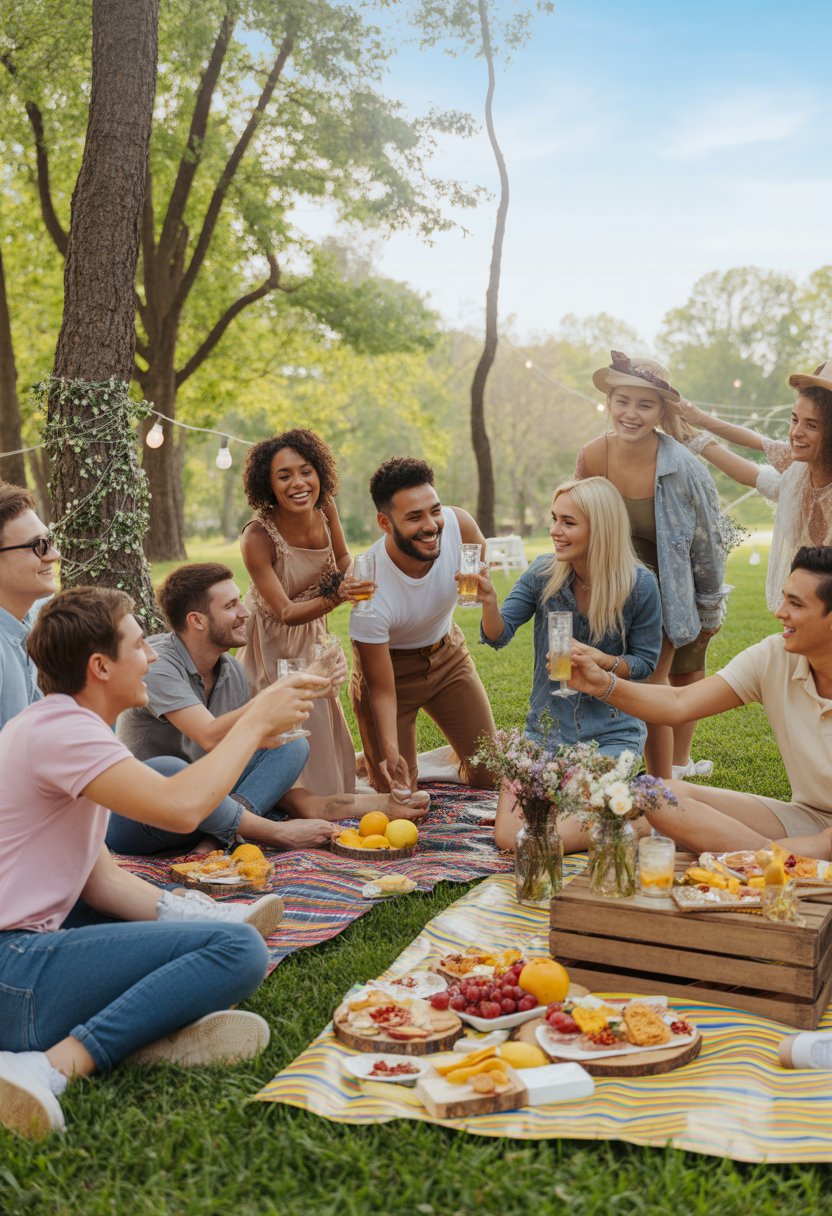 A group of young adults enjoying a casual outdoor engagement party picnic in a green park with blankets, food, and decorations.
